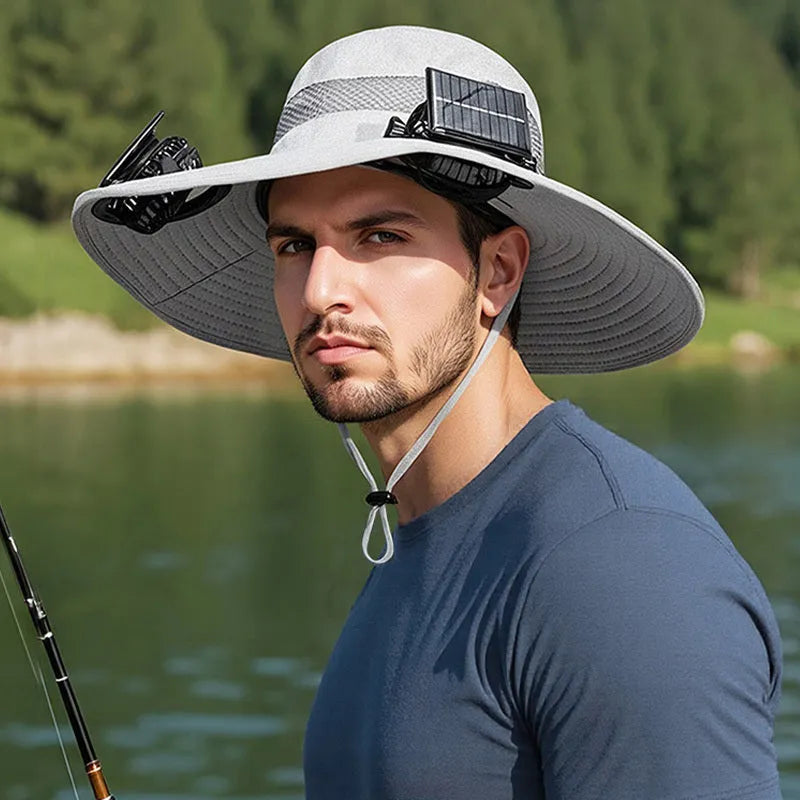 Customisable solar-powered fisherman's hat with integrated fan in beige, black, grey, or khaki.