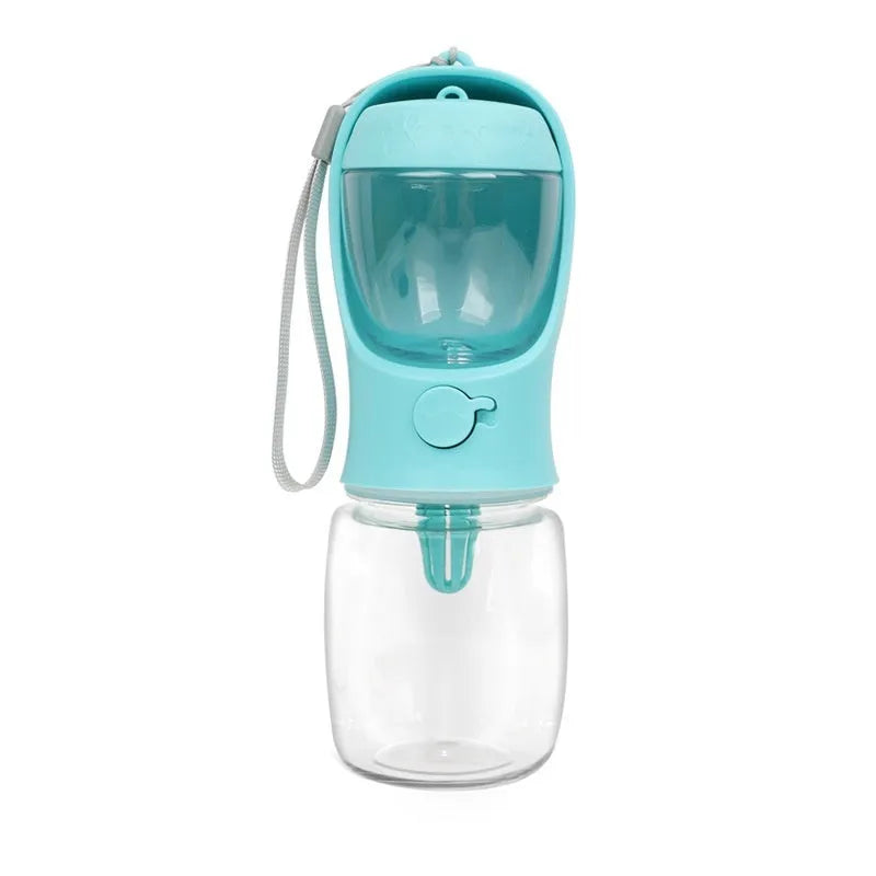 Blue portable plastic dog water bottle with attached drinking cup for walks