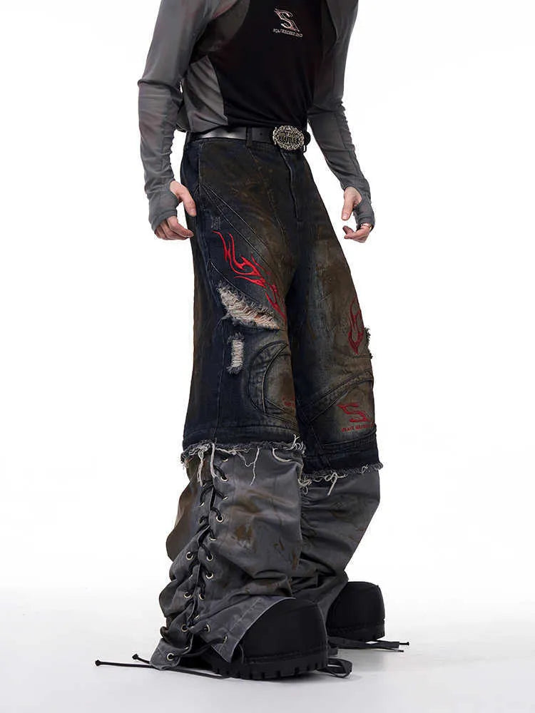 Men's wide-leg retro jeans with detachable trouser legs in denim