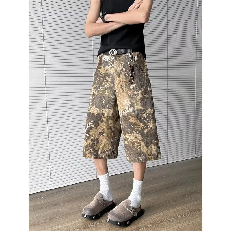 Yellow snake pattern camouflage cropped jeans with cotton denim construction