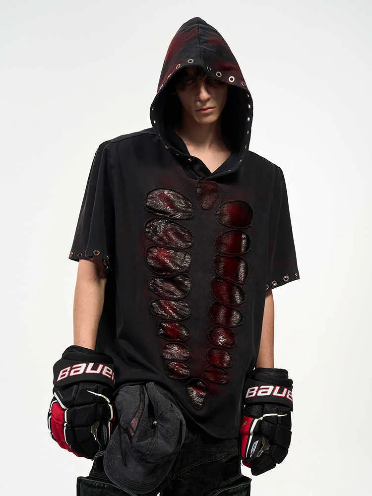 Black hooded men's t-shirt with sequin detailing in loose-fitting short-sleeve design