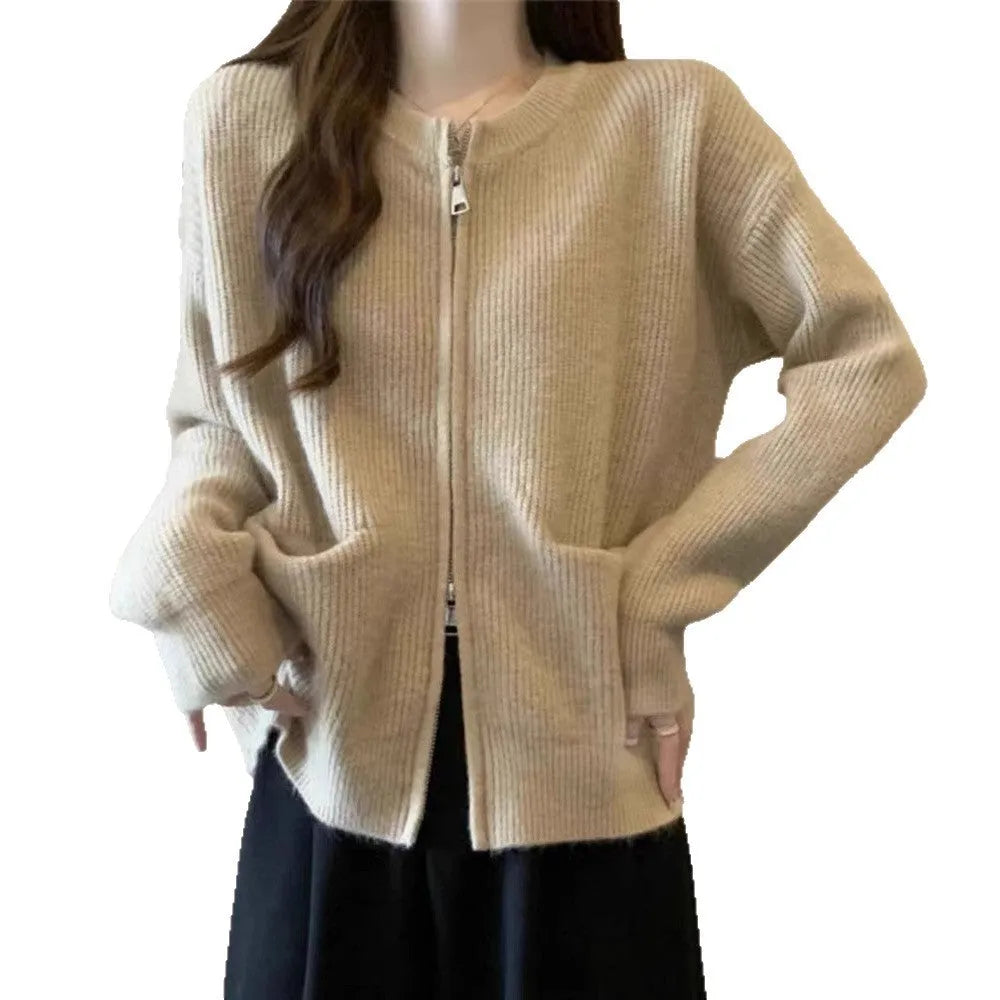 Women's beige viscose knit sweater coat with long sleeves and cardigan style