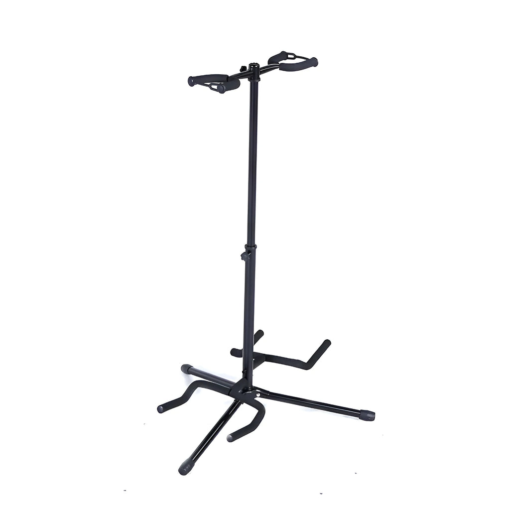 Black iron vertical double-headed adjustable guitar stand holding two instruments