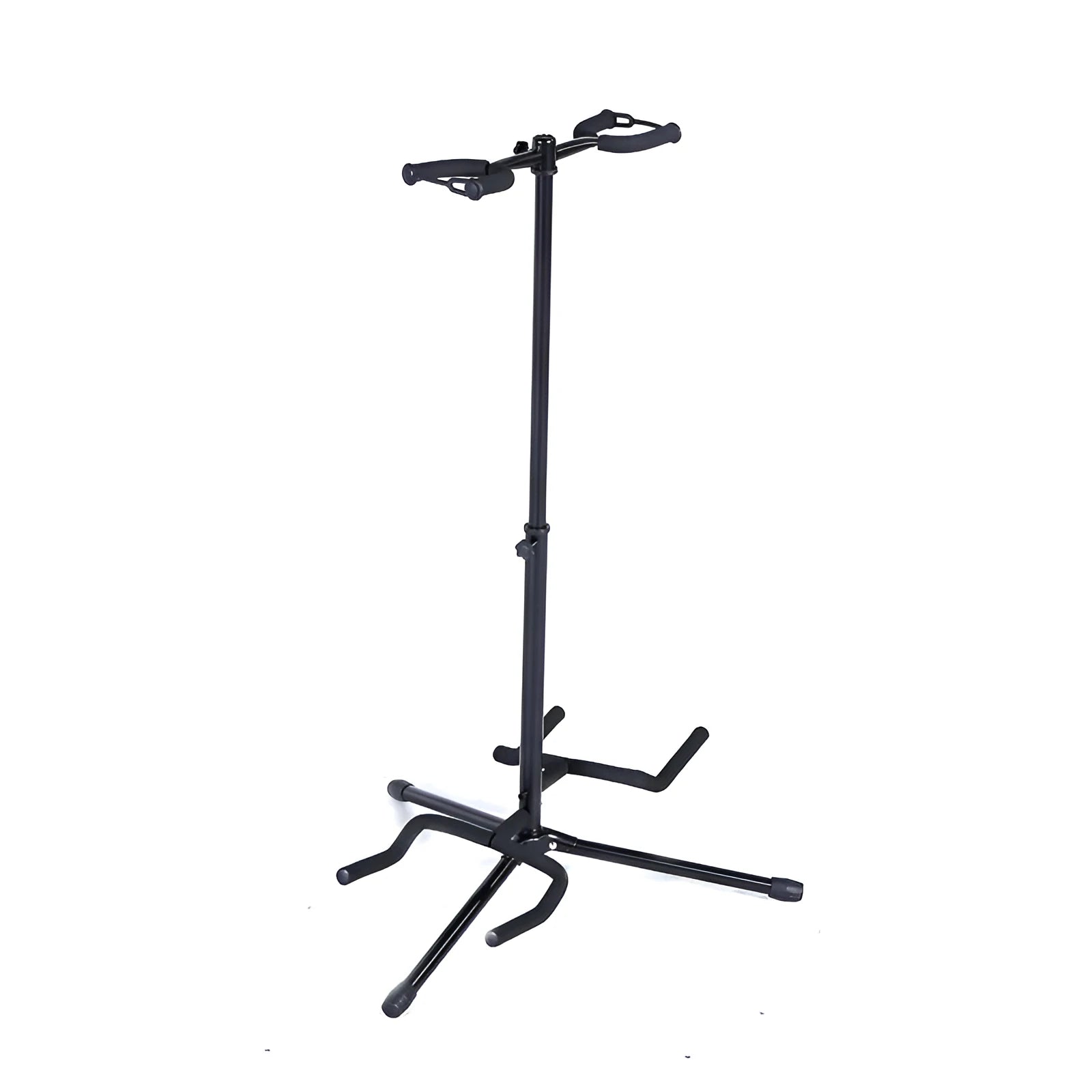 Black iron vertical double-headed adjustable guitar stand holding two instruments