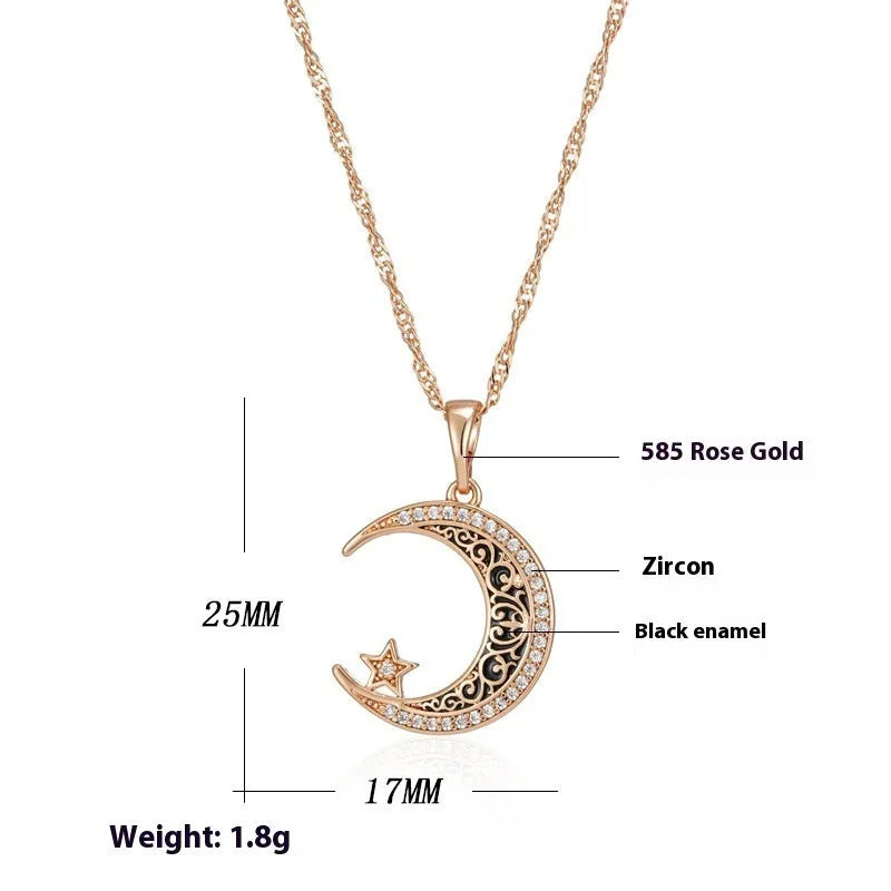 Rose gold star and moon necklace with zircon and enamel pendant on water wave chain