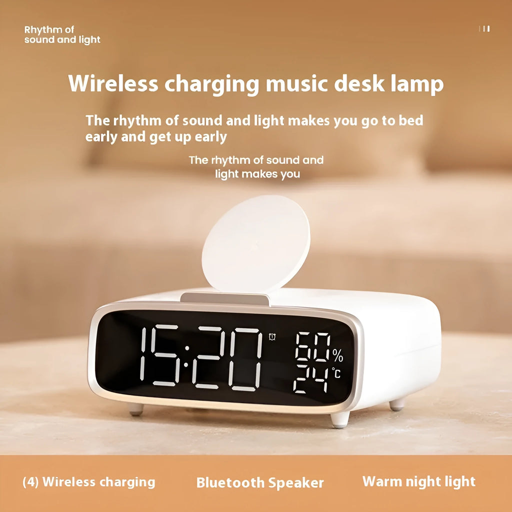 White 3-in-1 bedside unit with wireless charging pad, Bluetooth speaker, and night light.