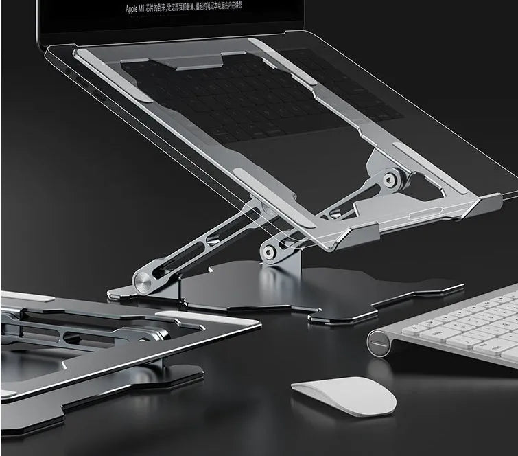 Grey aluminium laptop stand with adjustable angle and foldable design for 15-inch notebooks