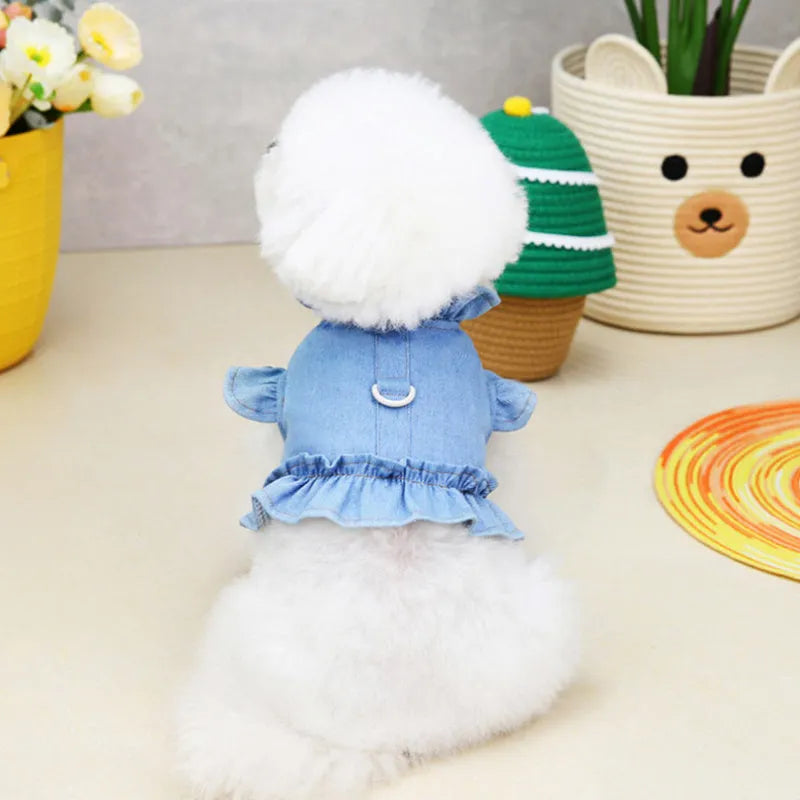 Blue denim pet dog dress with ruffle vest styling and leash hooks at chest and back