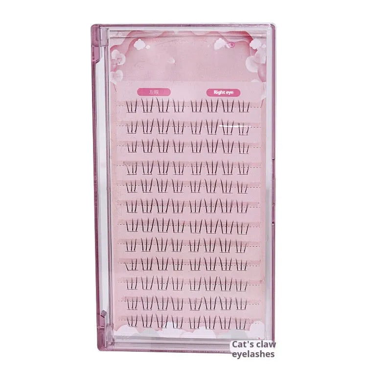 False eyelashes with 12 rows of 4-5-6mm long artificial fibre lashes in a segmented sheer root design.