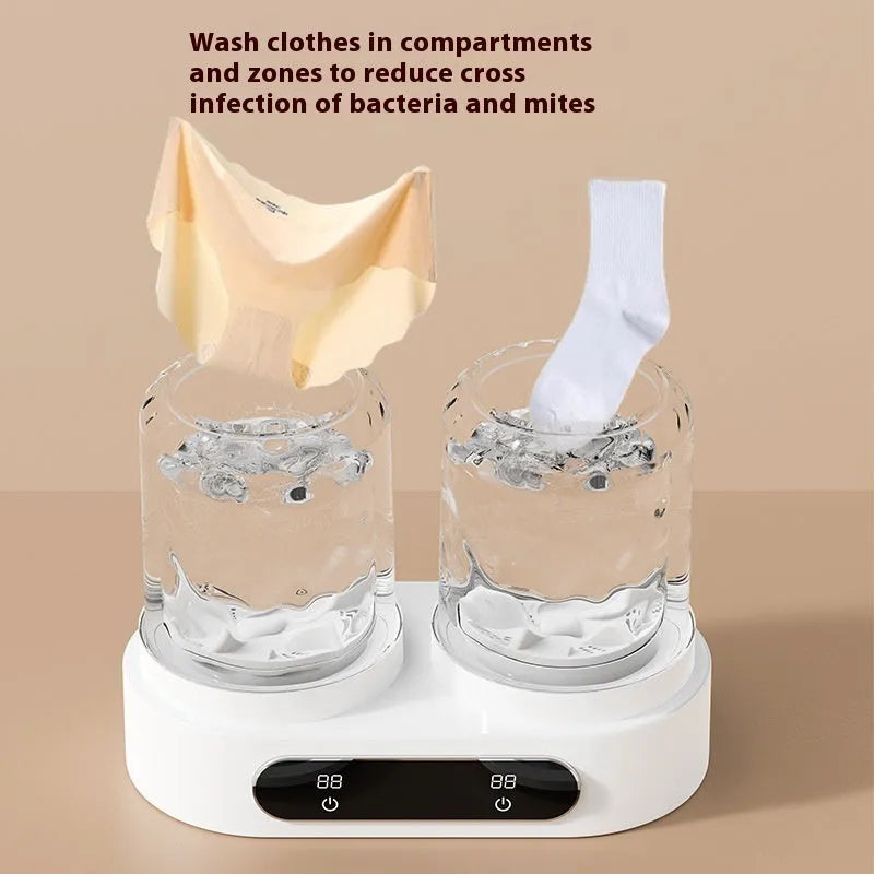 White USB-powered mini washing machine with double bucket design for underwear and delicate items