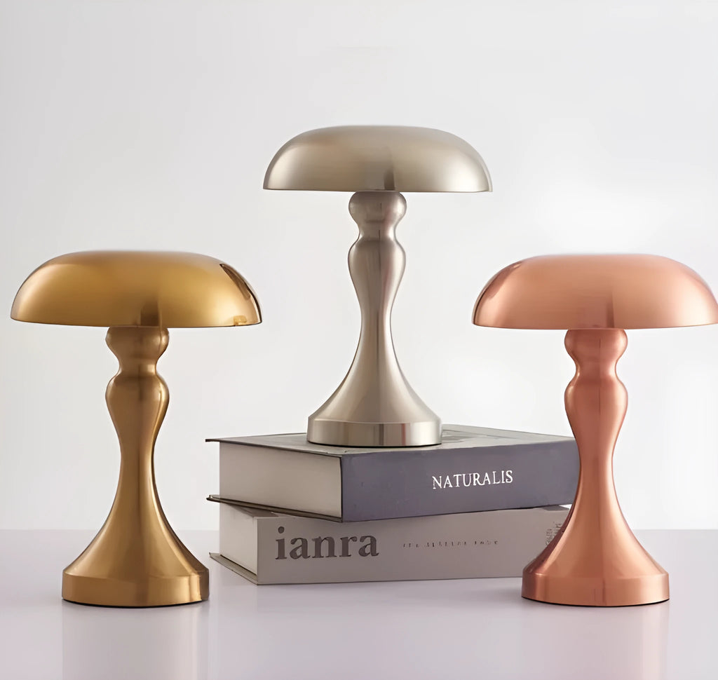 Metallic LED desk lamp with touch control showing three colour temperature options