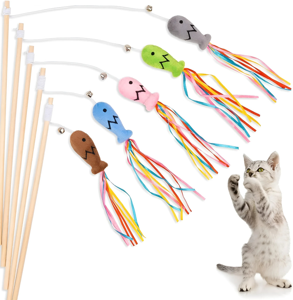 Interactive cat wand toy with colourful ribbons, catnip fish, and bell on a wooden handle