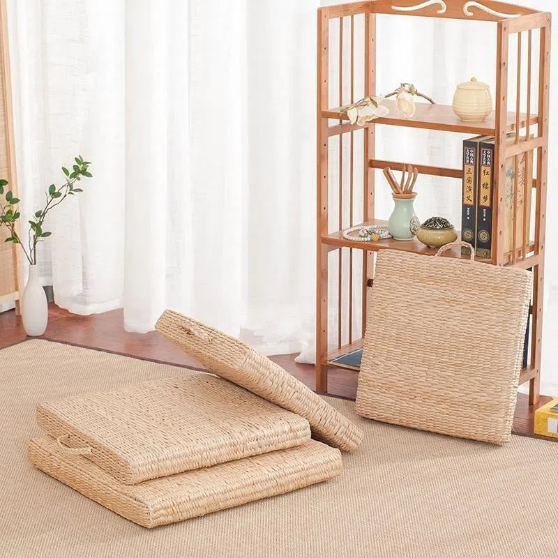 Japanese-style rattan futon sofa cushion in natural rush with hard rubber-plastic core, square 40cm 45cm 50cm sizes