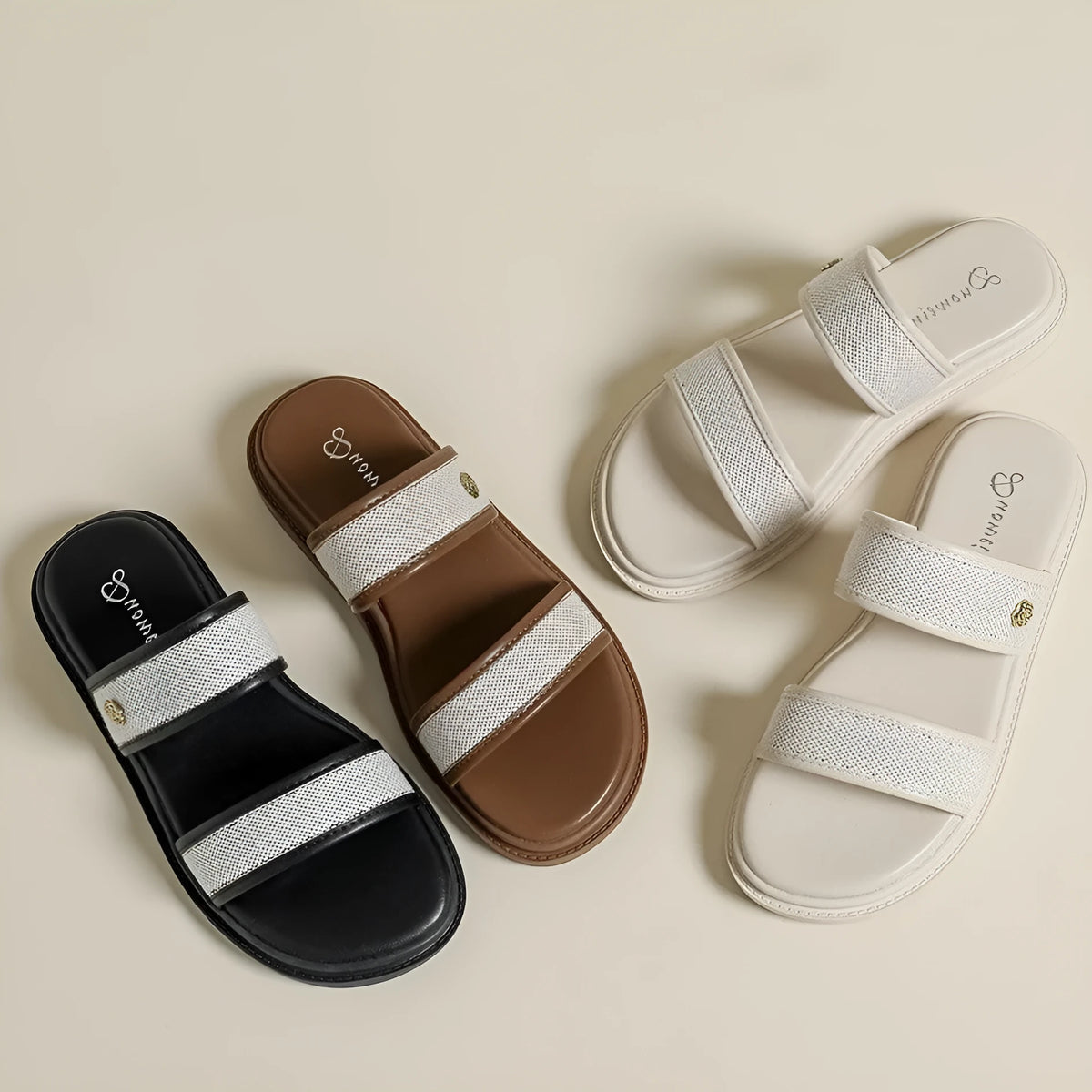 Brown women's retro flip-flops with soft bottom and artificial PU upper