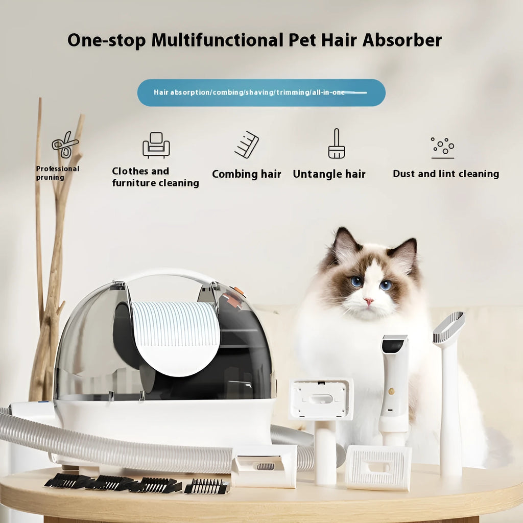 Pink white pet grooming and vacuum cleaner host with electric shear, combs, and suction attachments on a white background.