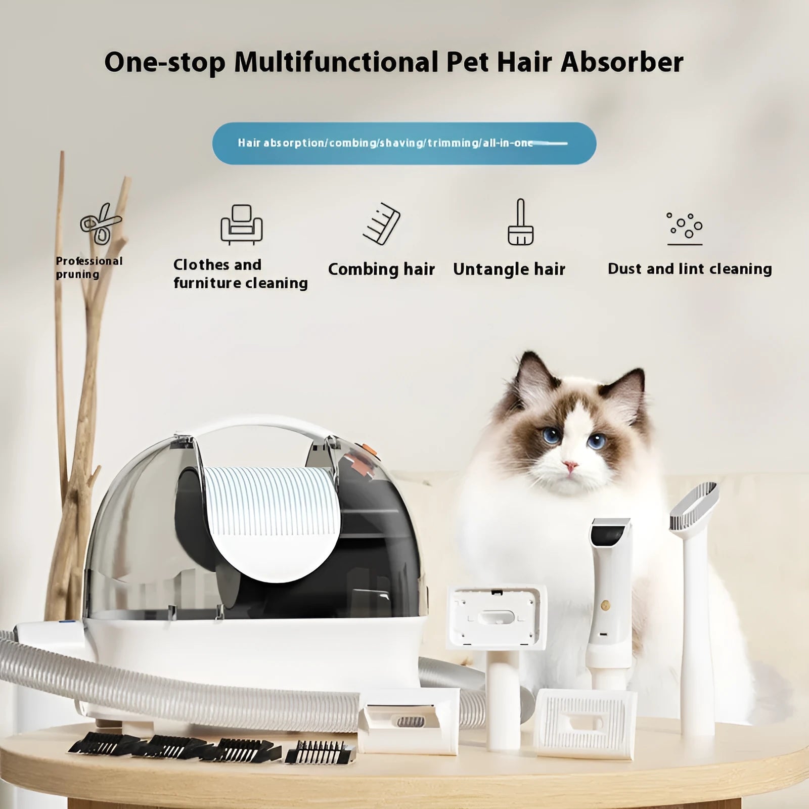 Pink white pet grooming and vacuum cleaner host with electric shear, combs, and suction attachments on a white background.