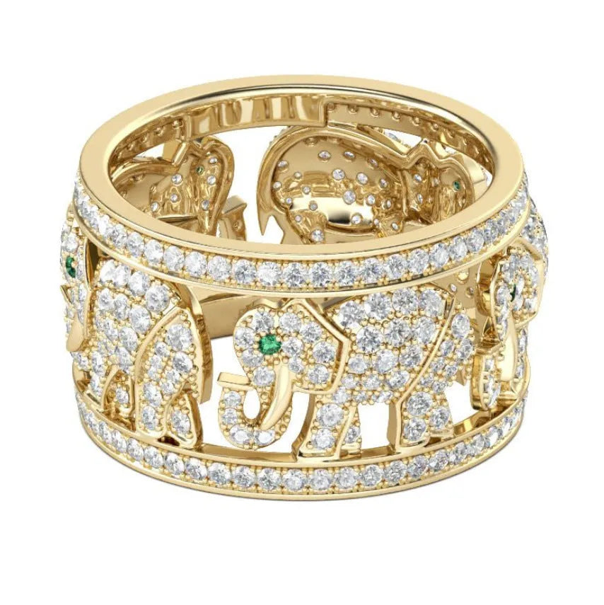 Close-up of an alloy elephant motif fashion ring with full diamond decoration on a white background.