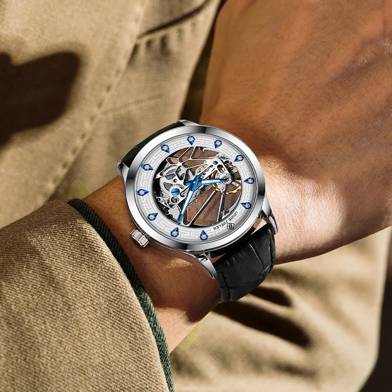 Men's silver mechanical watch with white dial, blue luminous hands, black leather strap, and waterproof construction