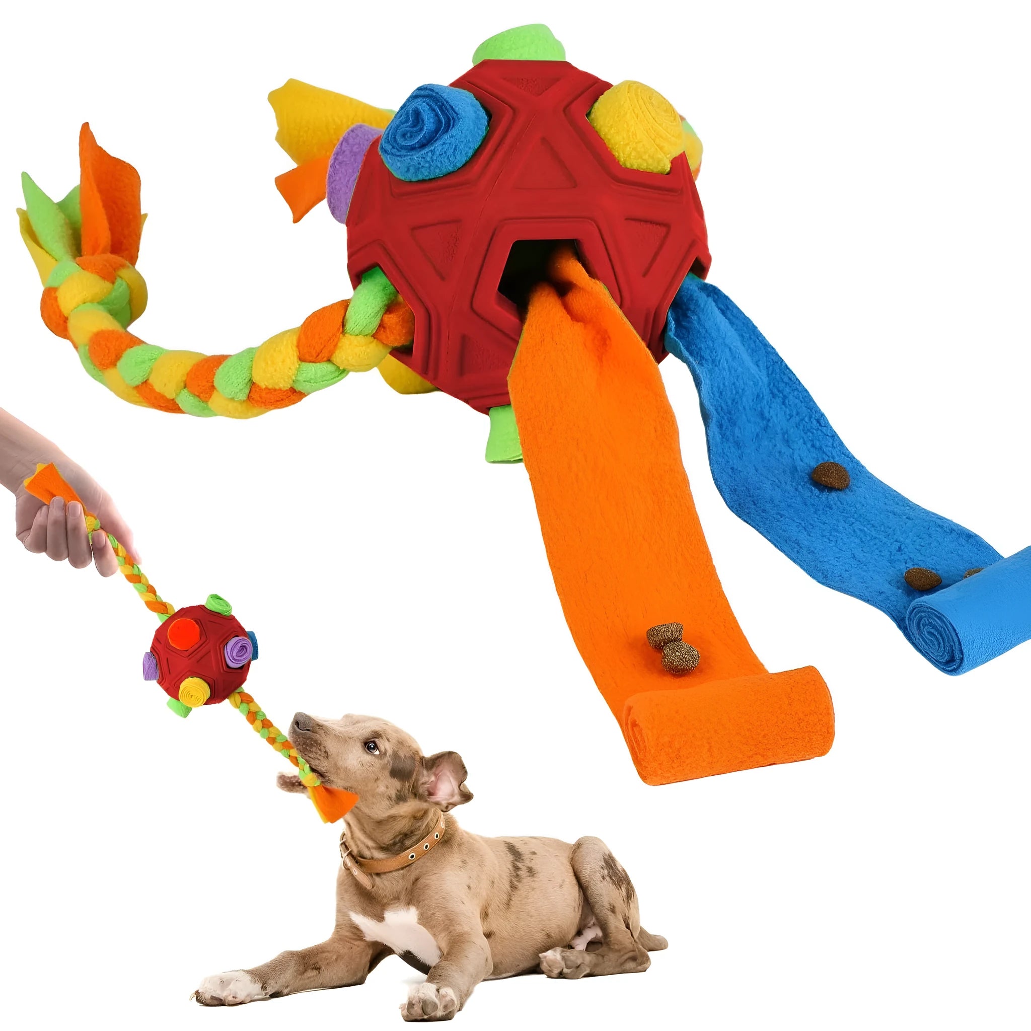 Blue Sniffing Ball dog puzzle toy for IQ training and treat dispensing on a wooden floor