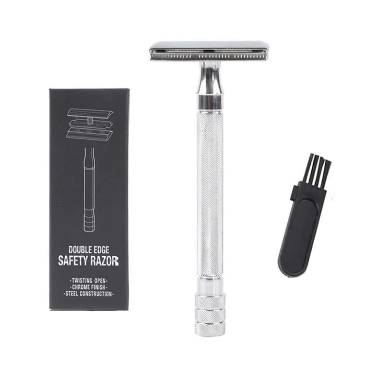 Manual stainless steel shaver and brush set for traditional wet shaving in black or silver finish