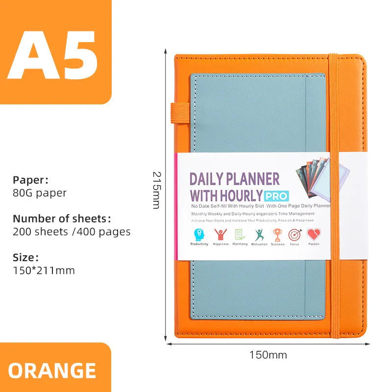 Open no-date notebook with thread binding, showing 80g wood-free paper and planning stickers on a purple PU leather cover.