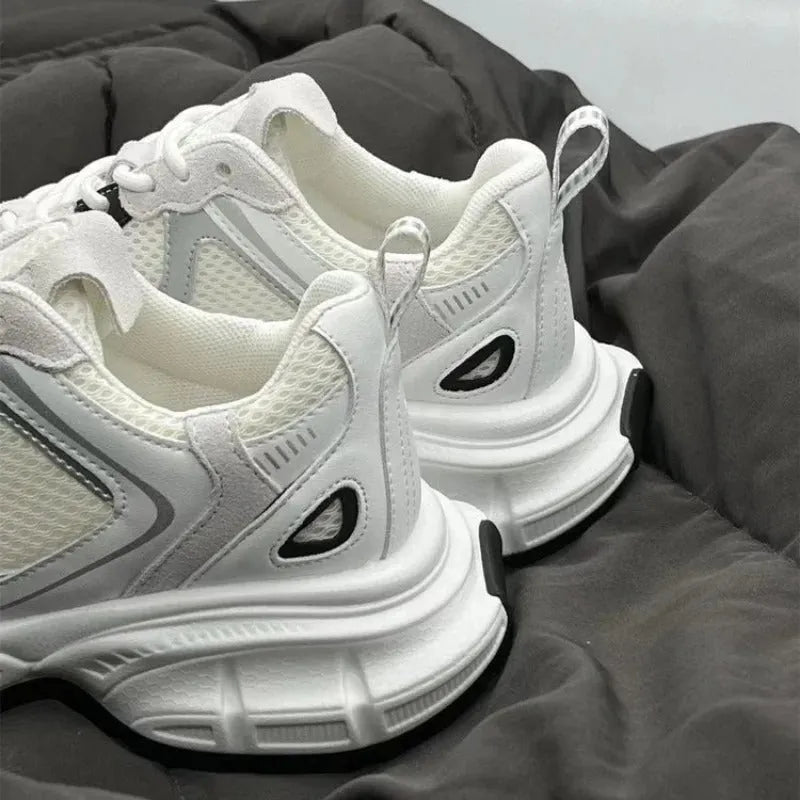 Beige mesh sports shoes with wedge heel platform and front lace-up fastening