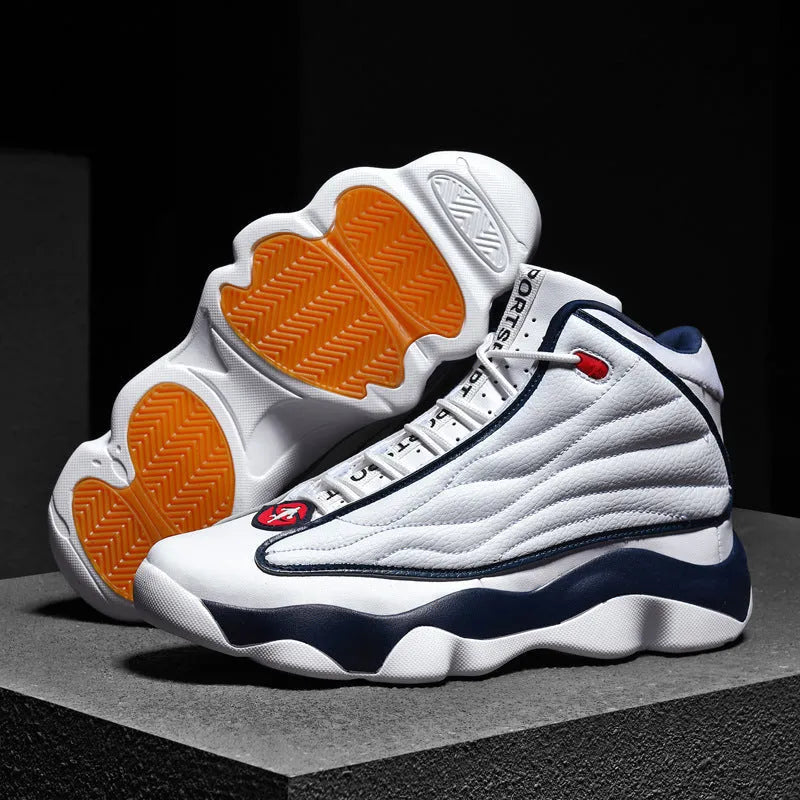 Men's high-top basketball sneakers in white and red with a mesh upper, thick rubber sole, and lace-up closure.