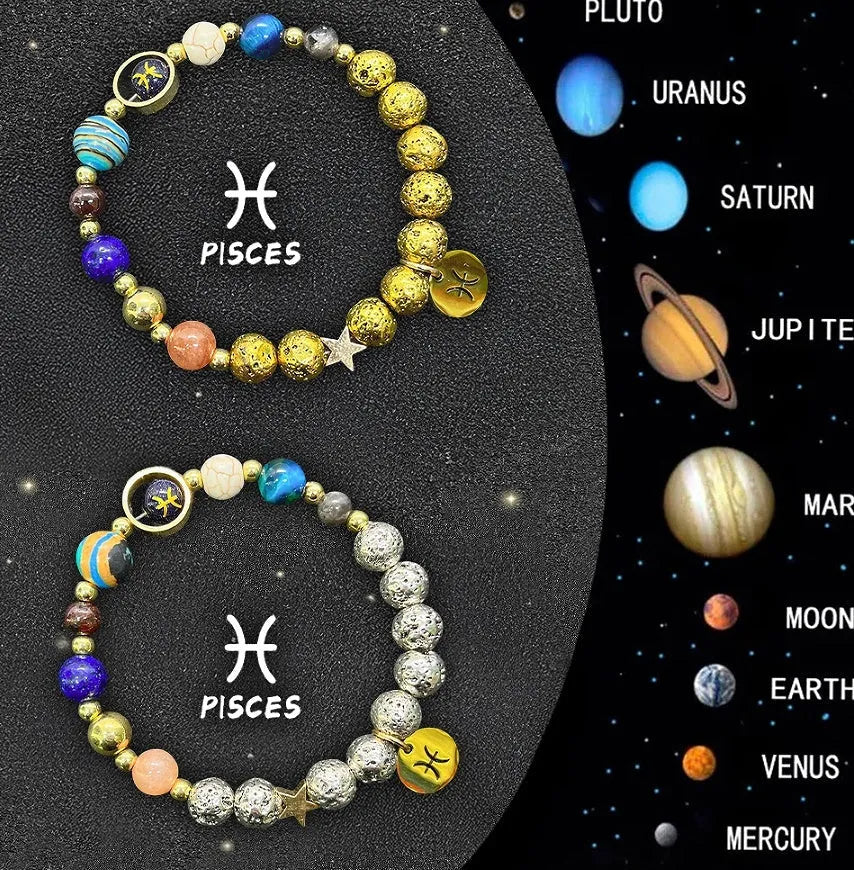 Two natural stone beaded bracelets with adjustable cords on a table, representing zodiac sign jewellery.