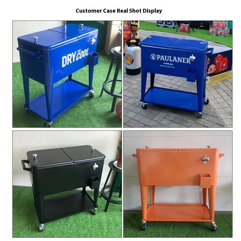 Red outdoor metal heat preservation cart with trolley wheels and insulated box for ice storage