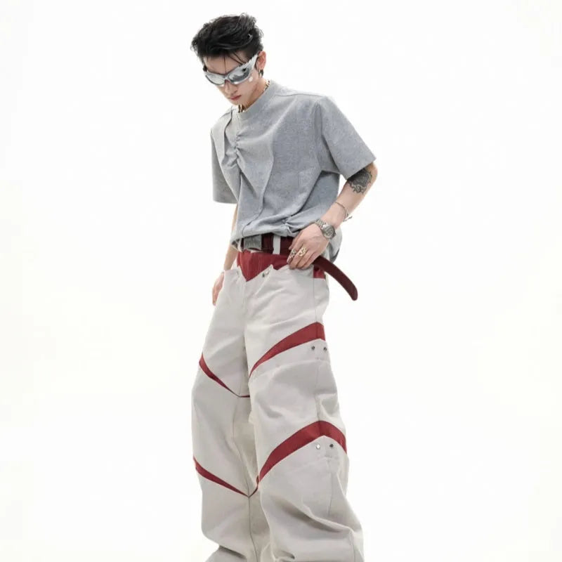 Men's white cotton T-shirt with three-dimensional pleated design and asymmetric stitching details