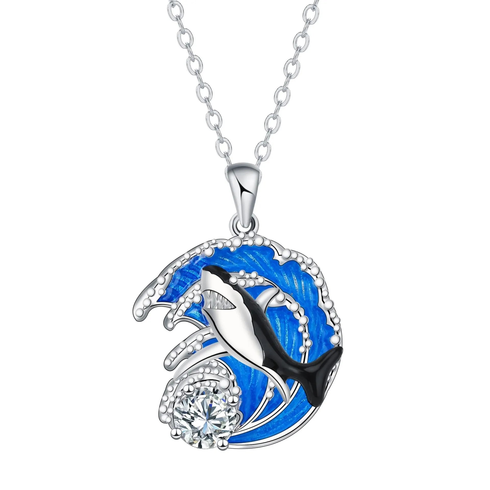 HAILANG women's silver-tone shark pendant necklace on an adjustable cross chain.