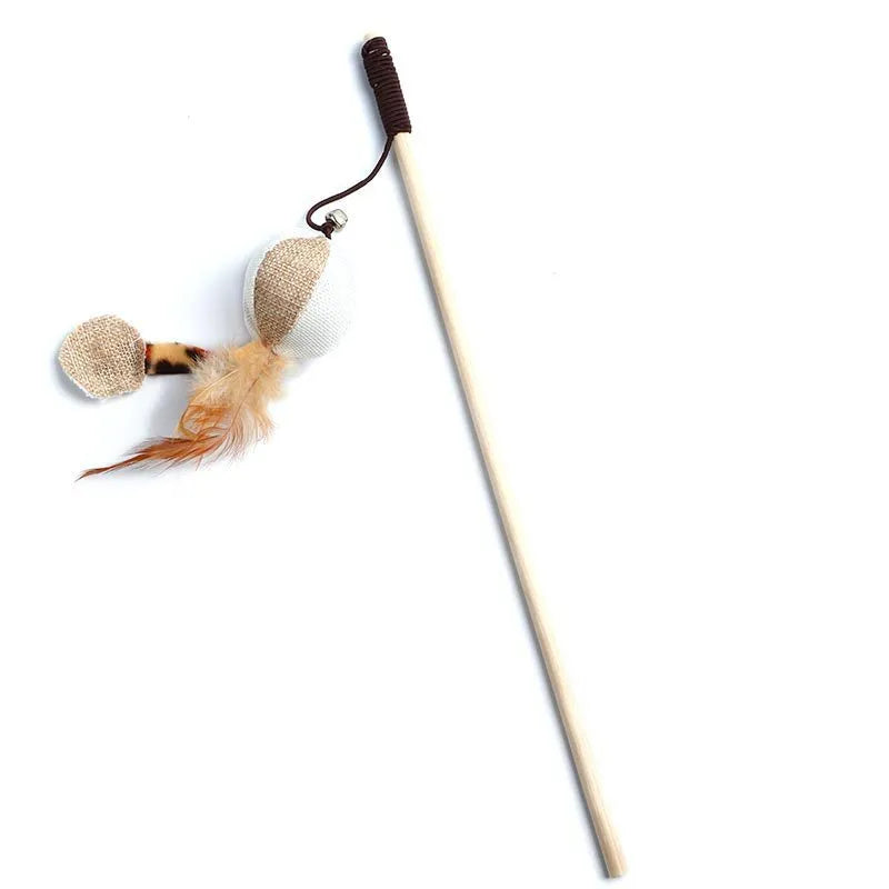 Cat teaser wand toy with wooden pole, cotton string and bell in single-opp style options
