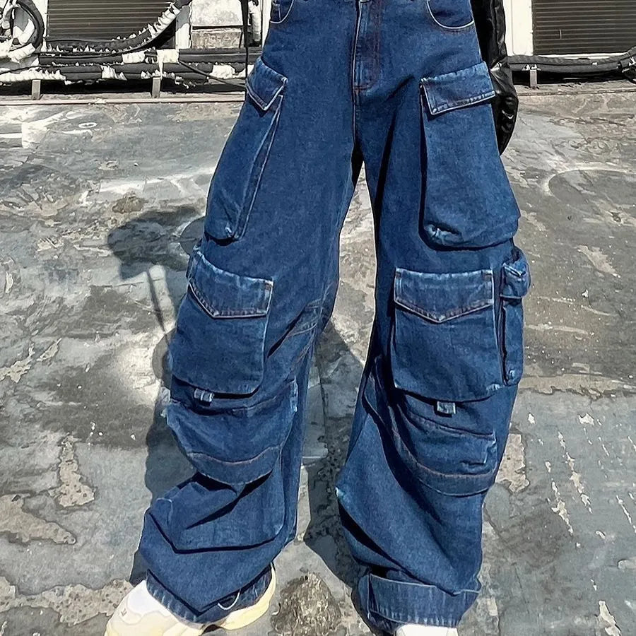 Dark blue distressed wide-leg workwear jeans with high waist and multiple pockets