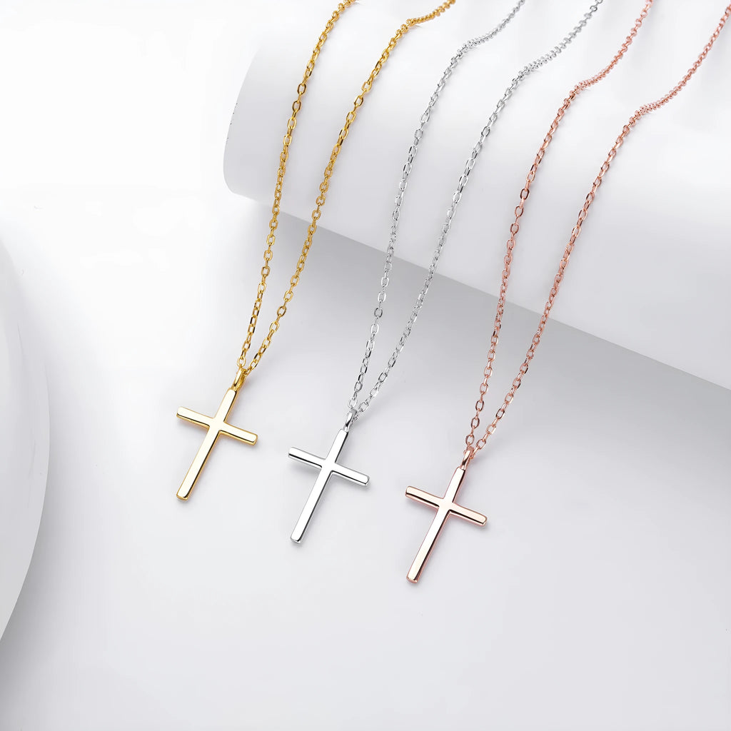 S925 sterling silver cross necklace with adjustable O-chain in gold, platinum or rose gold plating