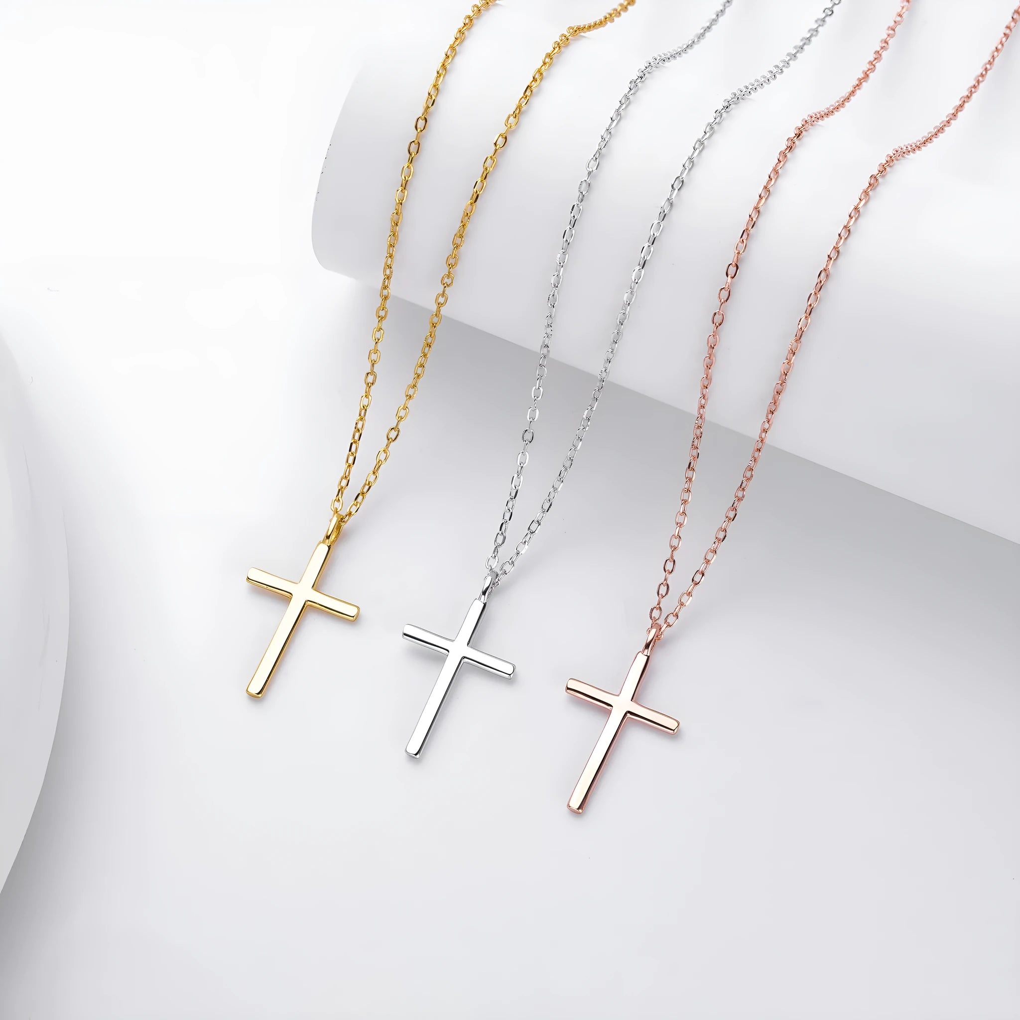 S925 sterling silver cross necklace with adjustable O-chain in gold, platinum or rose gold plating