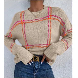 Women's casual plaid colour-block acrylic sweater with loose fit and crew neck