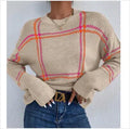 Women's casual plaid colour-block acrylic sweater with loose fit and crew neck