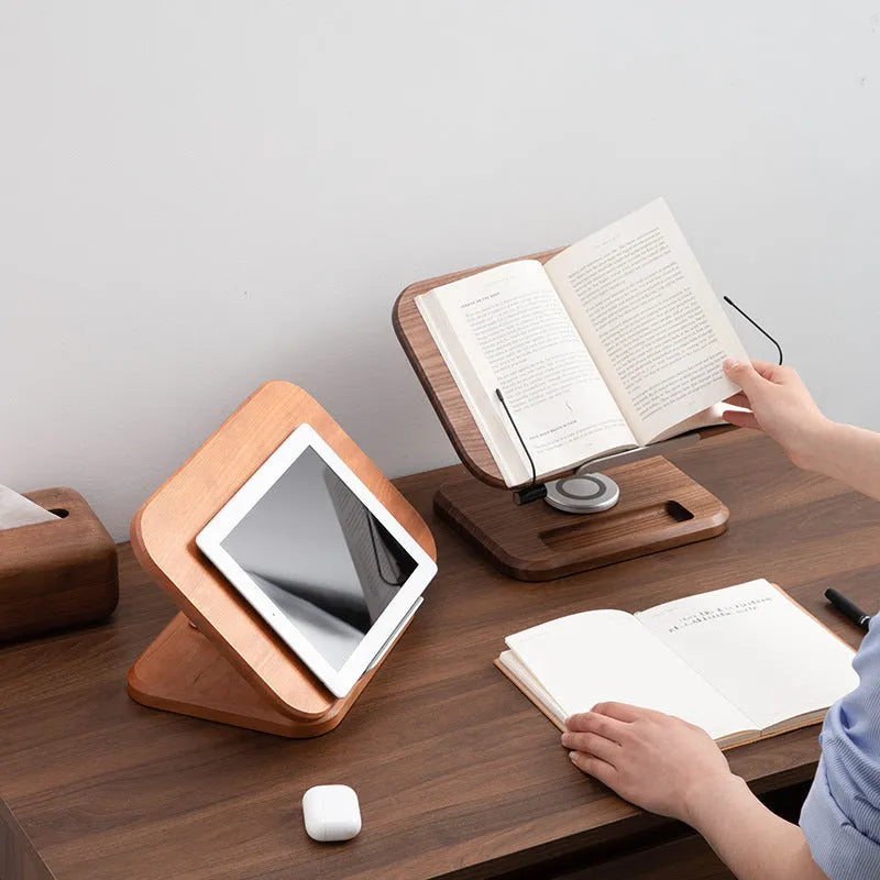 Black walnut solid wood reading rack with adjustable rotating mechanism shown in walnut colours