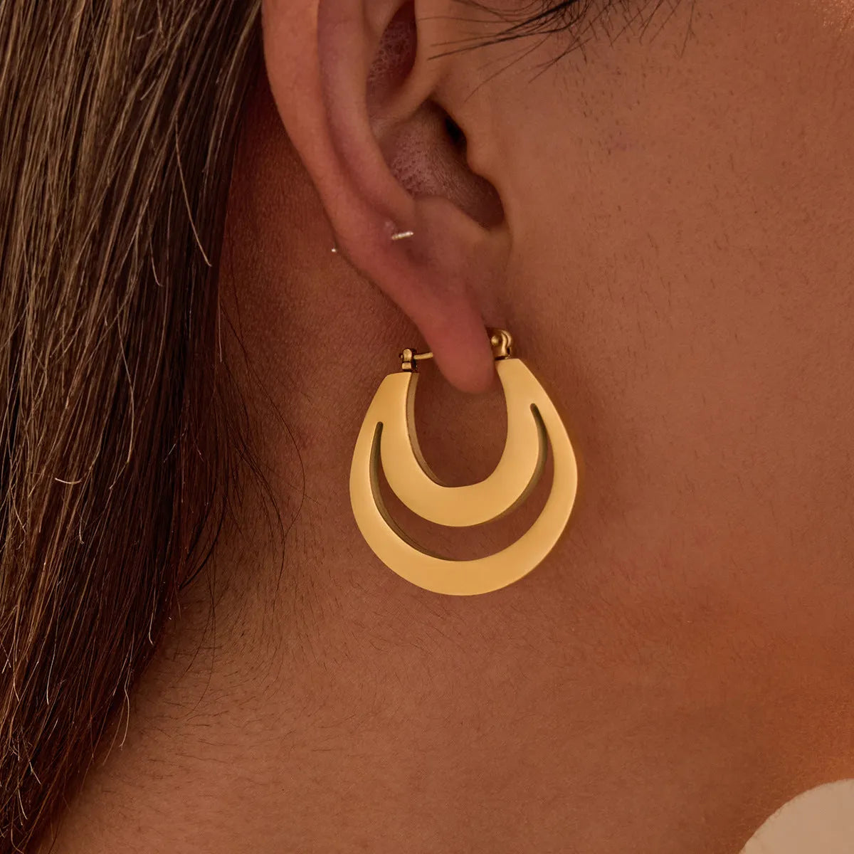 Geometric minimalist French earrings with stainless steel construction and 18K gold electroplating in gold and steel colour options