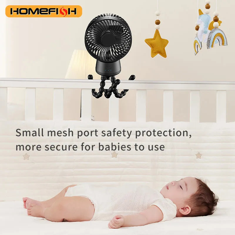 HOMEFISH portable fan with bracket, showing F1 and F2 models with removable mesh and LED light.