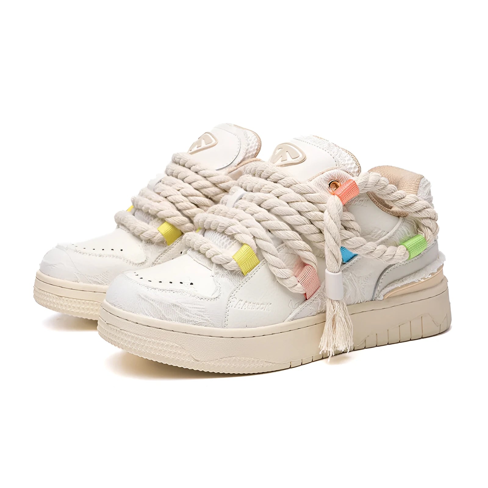 Creamy white low-top retro skate shoes with candy-colour sewing thread details on microfiber upper.