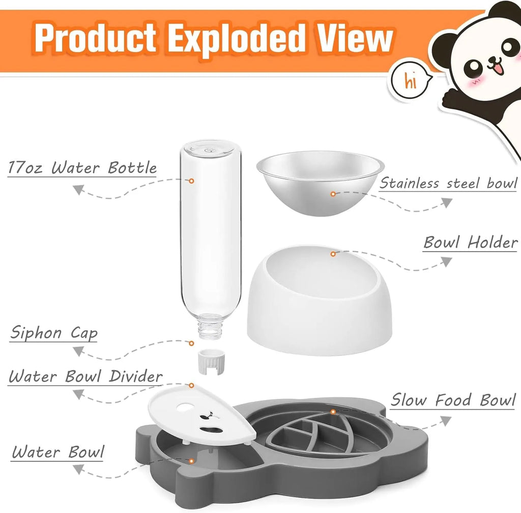 Grey elevated pet bowl set with tilted stainless steel bowls and automatic water bottle