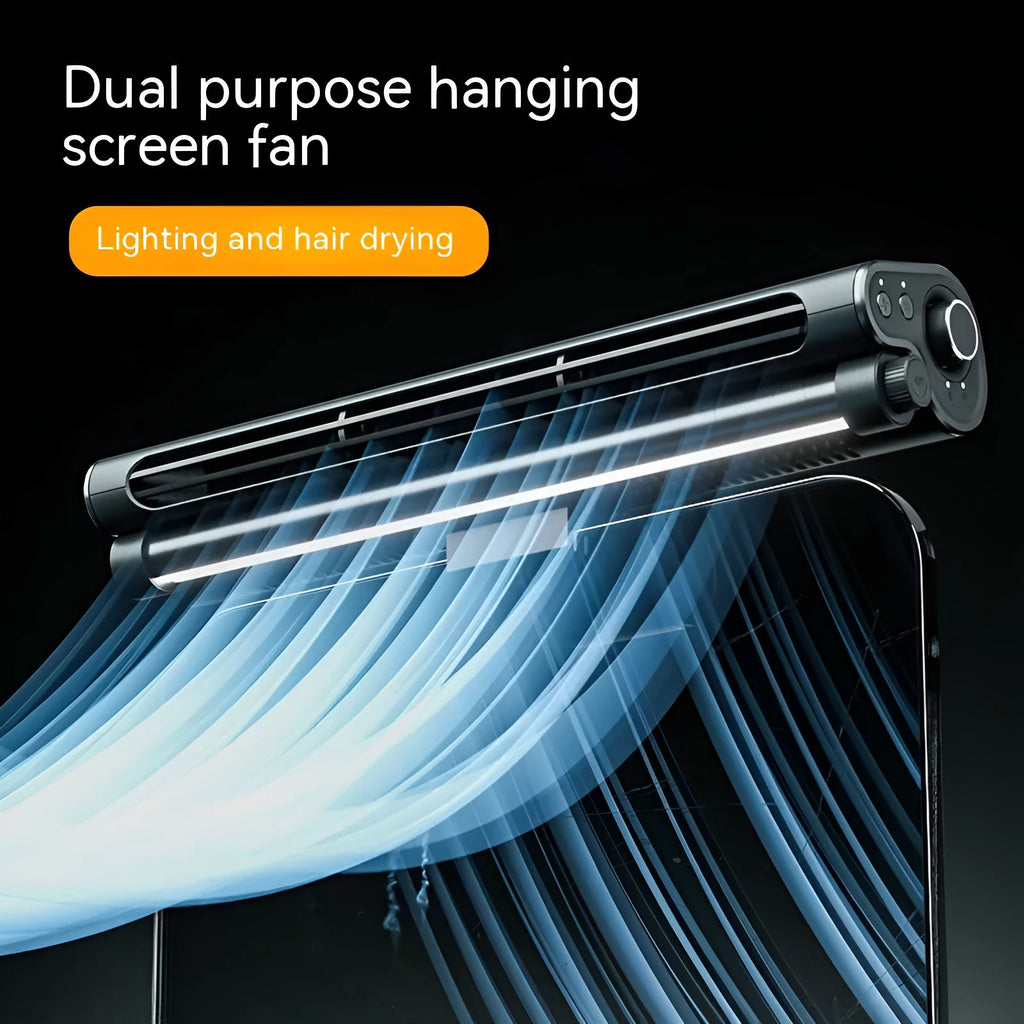 Black clip-on bladeless USB fan with LED lighting mounted on laptop screen showing compact design