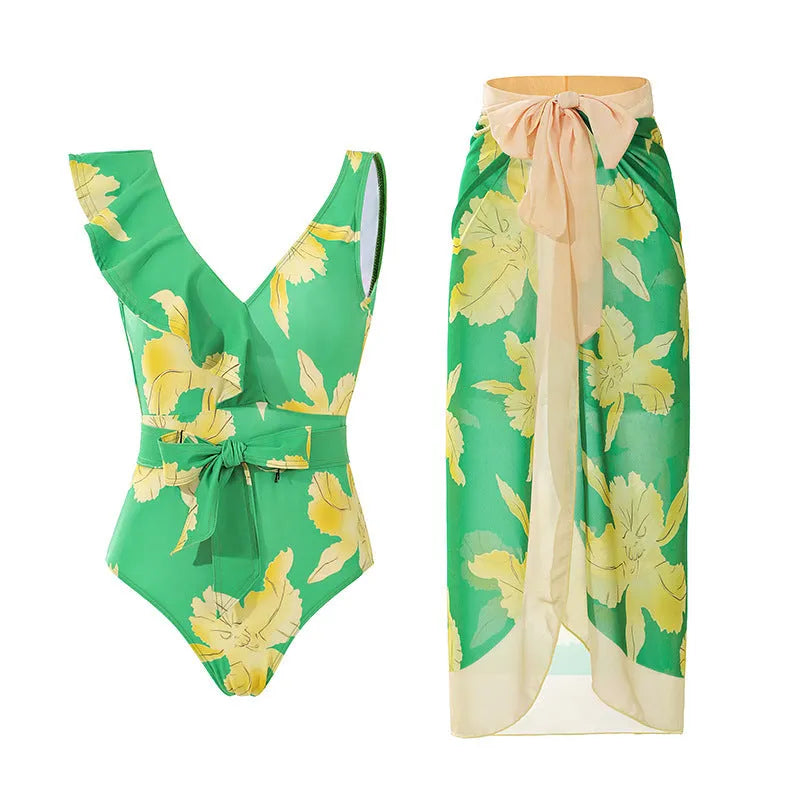 Women's solid colour one-piece swimsuit with spaghetti straps and detachable skirt