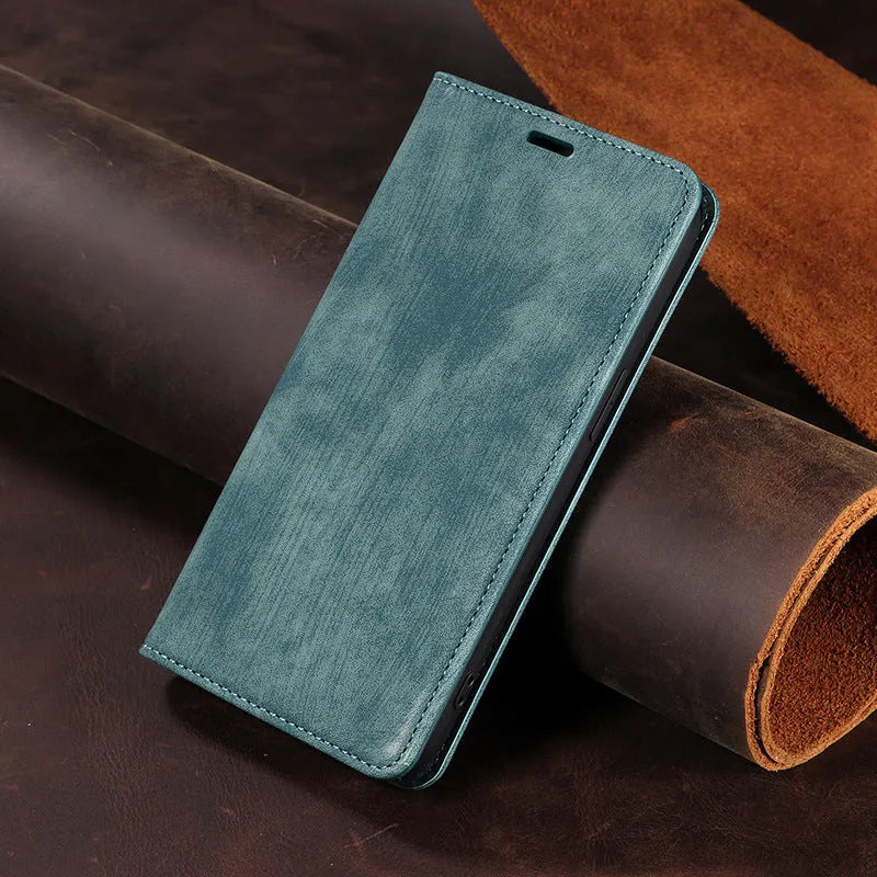 Magnetic flip phone case in genuine leather and TPU for iPhone, showing front cover closed with magnetic closure