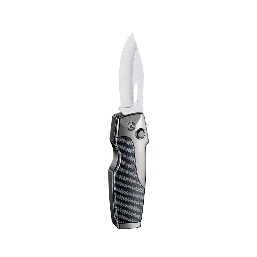 Metal folding knife lighter in camouflage finish showing unfolded blade and jet flame