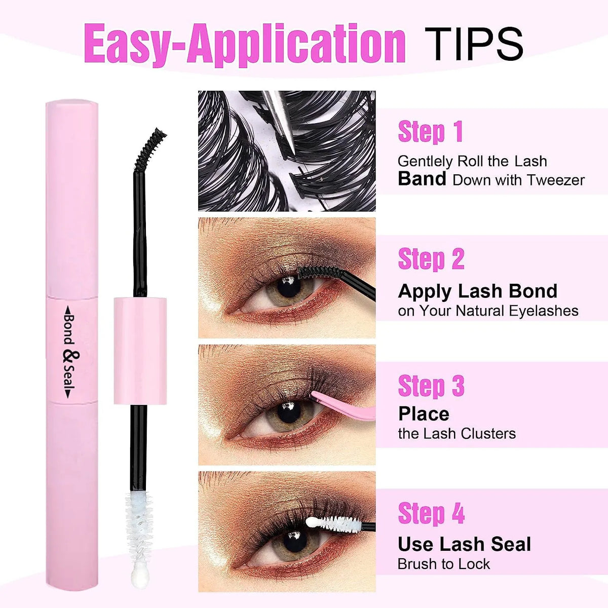 DIY cluster false eyelashes mixed package showing boxes of 30D and 40D high-grade fibre lashes in 9-16mm lengths with precision tweezers.