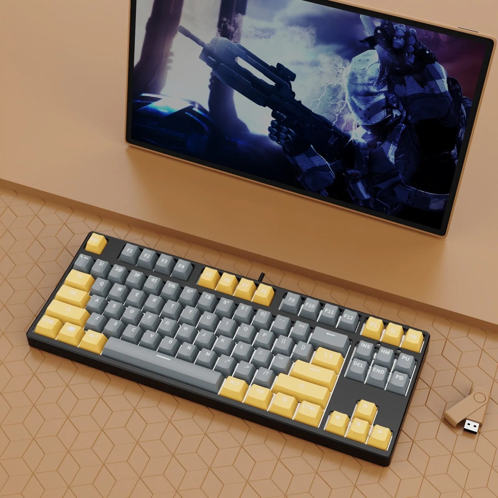87-key wired mechanical keyboard with two-tone keycaps in orange and yellow colour combination