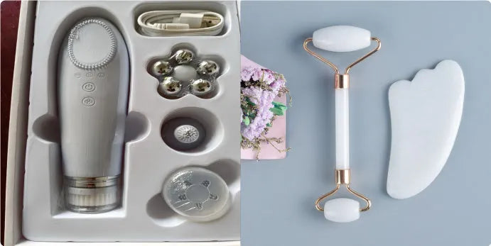 Natural white jade roller and gua sha scraping tool set presented on a wooden storage board.