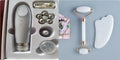 Natural white jade roller and gua sha scraping tool set presented on a wooden storage board.
